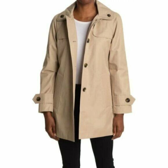 London Fog Stone Single-Breasted Hooded Raincoat Beige Women's Small NWT - Picture 2 of 9